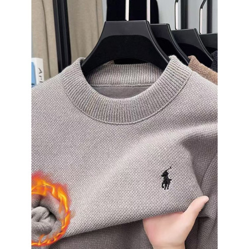 冬季新款男士加絨加厚雪尼爾毛衣男圓領針織衫保暖上衣套頭打底衫