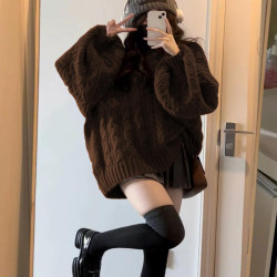 200斤胖MM慵懶風復古V領寬松咖色麻花毛衣女學生秋冬外穿百搭針織