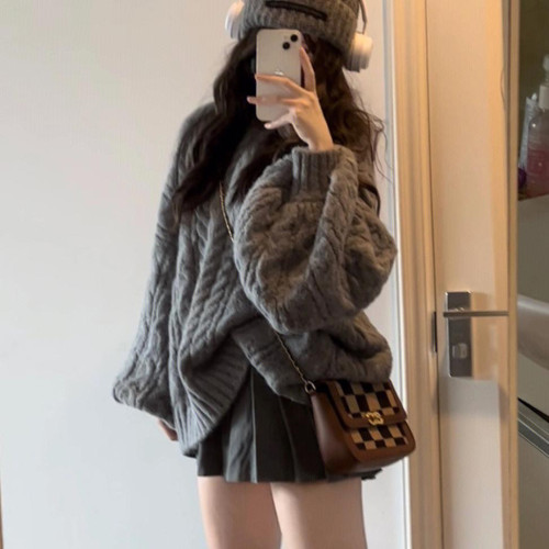 200斤胖MM慵懶風復古V領寬松咖色麻花毛衣女學生秋冬外穿百搭針織