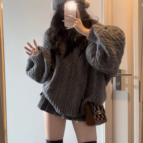 200斤胖MM慵懶風復古V領寬松咖色麻花毛衣女學生秋冬外穿百搭針織