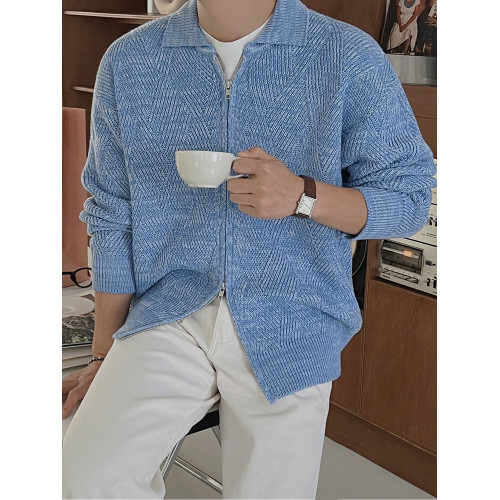 MRCYC菱格設計拉鍊Polo開衫毛衣男秋冬季韓系寬鬆繙領針織衫外套