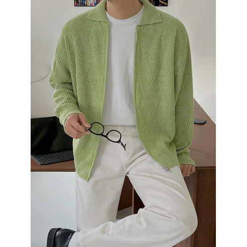 MRCYC菱格設計拉鍊Polo開衫毛衣男秋冬季韓系寬鬆繙領針織衫外套