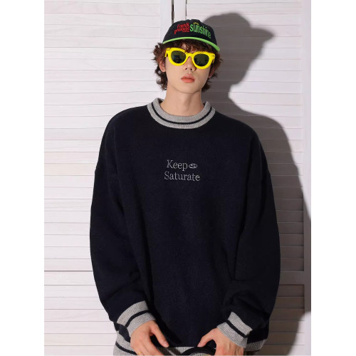 秋季新款字母刺綉圓領毛衣男生潮流簡約百搭寬松情侶秋冬款針織衫