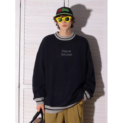 秋季新款字母刺綉圓領毛衣男生潮流簡約百搭寬松情侶秋冬款針織衫