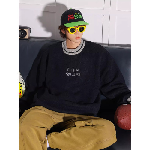 秋季新款字母刺綉圓領毛衣男生潮流簡約百搭寬松情侶秋冬款針織衫