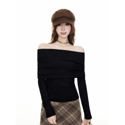 法式黑色一字肩毛衣女2025秋冬設計感慵懶風收腰顯瘦長袖t恤上衣