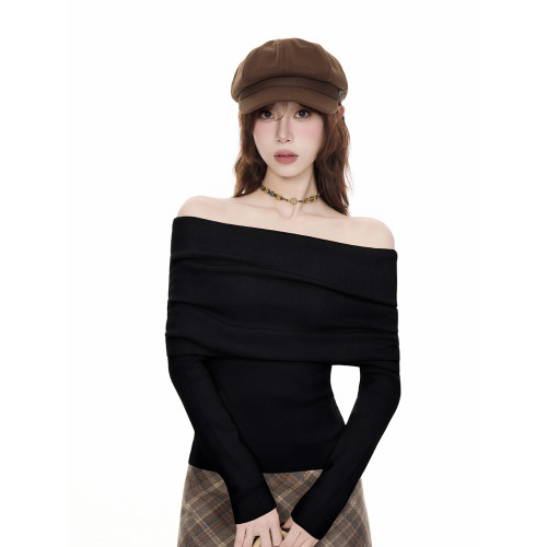 法式黑色一字肩毛衣女2025秋冬設計感慵懶風收腰顯瘦長袖t恤上衣