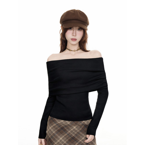 法式黑色一字肩毛衣女2025秋冬設計感慵懶風收腰顯瘦長袖t恤上衣