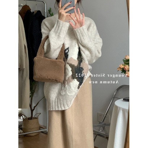 高級感可愛貓咪圓領套頭針織毛衣女款2025秋冬寬松慵懶風韓系上衣