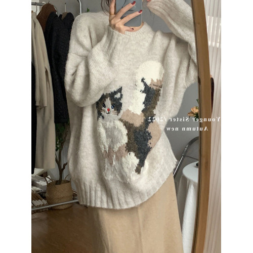 高級感可愛貓咪圓領套頭針織毛衣女款2025秋冬寬松慵懶風韓系上衣