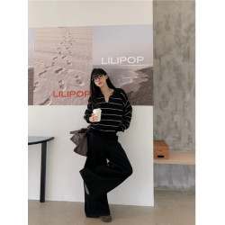 POLO領條紋長袖針織衫毛衣女秋季2025新款休閒撞色寬鬆設計感上衣