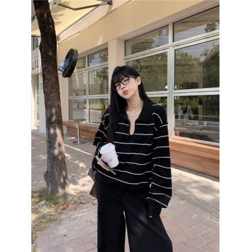 POLO領條紋長袖針織衫毛衣女秋季2025新款休閒撞色寬鬆設計感上衣