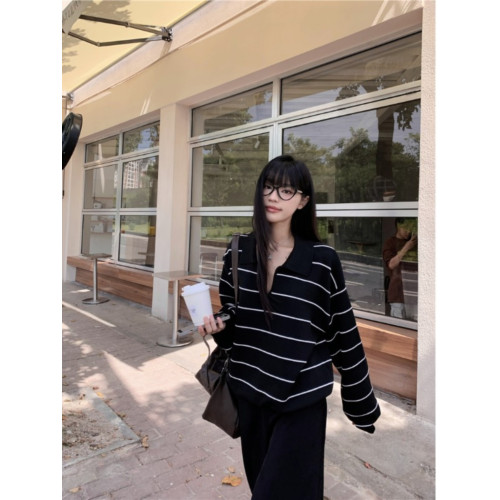 POLO領條紋長袖針織衫毛衣女秋季2025新款休閒撞色寬鬆設計感上衣