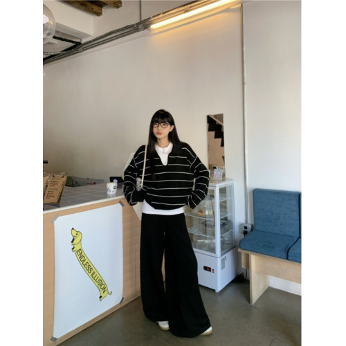 POLO領條紋長袖針織衫毛衣女秋季2025新款休閒撞色寬鬆設計感上衣