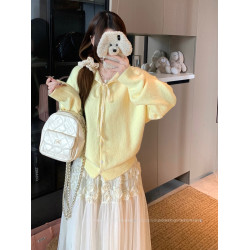 大碼胖mm秋季新款蕾絲系帶毛衣開衫外套溫柔風氣質休閒針織上衣女