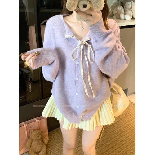 大碼胖mm秋季新款蕾絲系帶毛衣開衫外套溫柔風氣質休閒針織上衣女