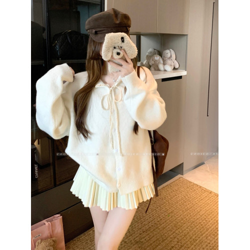 大碼胖mm秋季新款蕾絲系帶毛衣開衫外套溫柔風氣質休閒針織上衣女