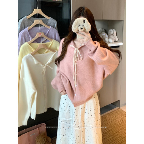 大碼胖mm秋季新款蕾絲系帶毛衣開衫外套溫柔風氣質休閒針織上衣女