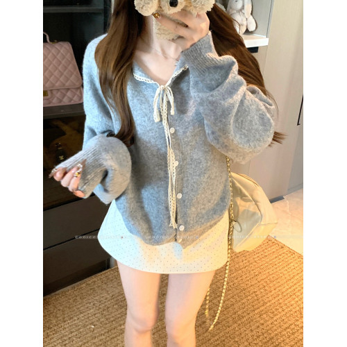 大碼胖mm秋季新款蕾絲系帶毛衣開衫外套溫柔風氣質休閒針織上衣女