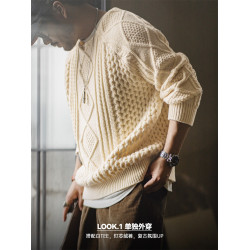 馬登工裝美式復古絞花阿蘭毛衣圓領漁夫米白編織麻花針織衫男秋