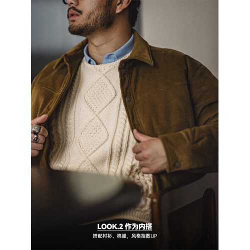 馬登工裝美式復古絞花阿蘭毛衣圓領漁夫米白編織麻花針織衫男秋