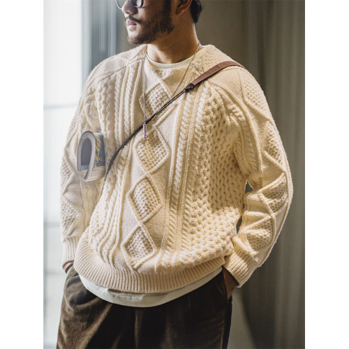 馬登工裝美式復古絞花阿蘭毛衣圓領漁夫米白編織麻花針織衫男秋