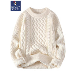 啄木鳥圓領針織麻花毛衣男秋冬季寬松情侶打底衫潮流加絨加厚長袖