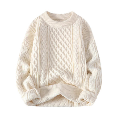 啄木鳥圓領針織麻花毛衣男秋冬季寬松情侶打底衫潮流加絨加厚長袖