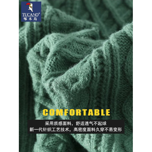 啄木鳥圓領針織麻花毛衣男秋冬季寬松情侶打底衫潮流加絨加厚長袖