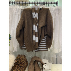 韓系新款小個子慵懶套裝女時尚寬松V領毛衣+條紋針織短褲配圍脖潮