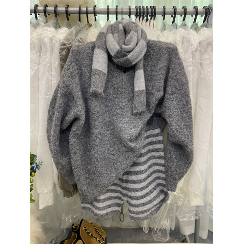 韓系新款小個子慵懶套裝女時尚寬松V領毛衣+條紋針織短褲配圍脖潮