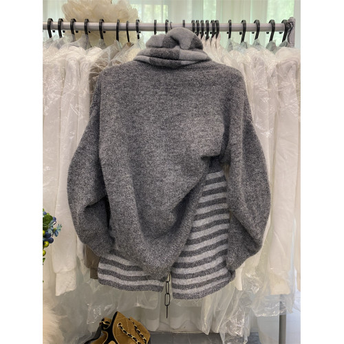 韓系新款小個子慵懶套裝女時尚寬松V領毛衣+條紋針織短褲配圍脖潮