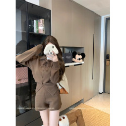 慵懶風polo領寬松系帶毛衣開衫女冬高腰針織打底糯米短褲兩件套裝