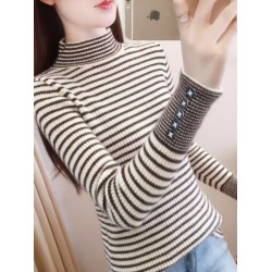 半高領條紋仿水貂絨毛衣打底衫女內搭2025新款秋冬修身針織衫上衣