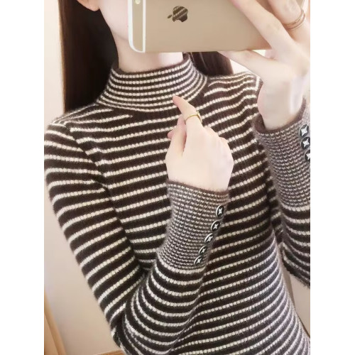 半高領條紋仿水貂絨毛衣打底衫女內搭2025新款秋冬修身針織衫上衣