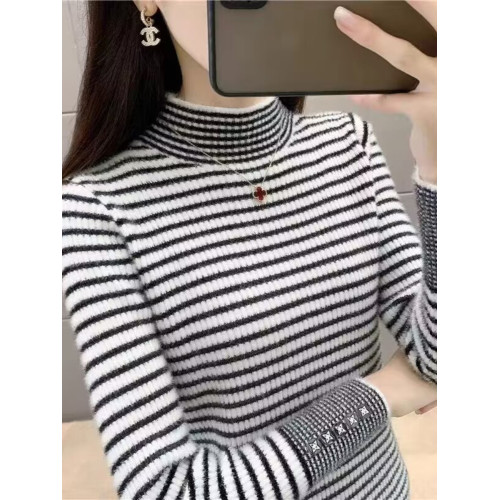 半高領條紋仿水貂絨毛衣打底衫女內搭2025新款秋冬修身針織衫上衣