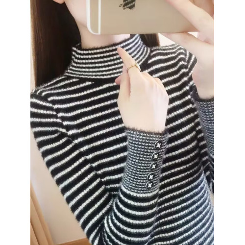 半高領條紋仿水貂絨毛衣打底衫女內搭2025新款秋冬修身針織衫上衣