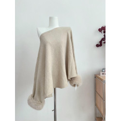 POPW 一字肩上衣高級感穿搭秋冬毛毛拼接露肩針織衫女氣質鬭篷