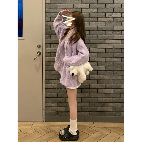 紫色麻花毛衣女秋冬季2025新款溫柔風慵懶高級感加厚針織開衫外套