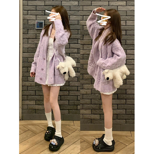 紫色麻花毛衣女秋冬季2025新款溫柔風慵懶高級感加厚針織開衫外套