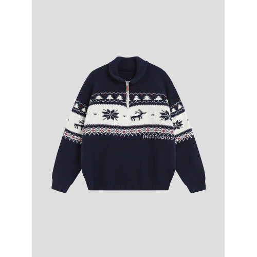 INSstudios 國潮牌情侶美式元寶領聖誕費爾島提花毛衣秋冬針織衫