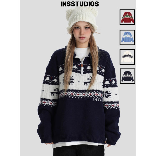 INSstudios 國潮牌情侶美式元寶領聖誕費爾島提花毛衣秋冬針織衫