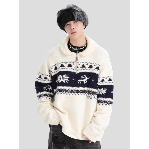 INSstudios 國潮牌情侶美式元寶領聖誕費爾島提花毛衣秋冬針織衫