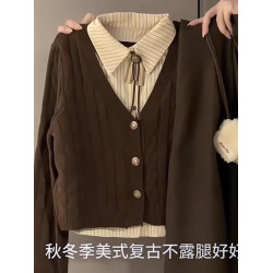 美拉德棕色麻花假兩件毛衣女秋冬復古慵懶學院風針織開衫外套上衣
