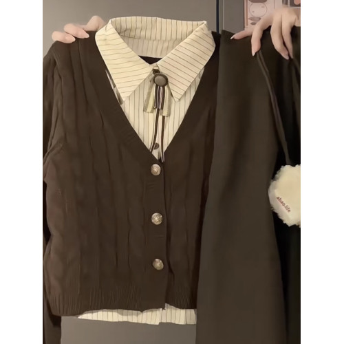 美拉德棕色麻花假兩件毛衣女秋冬復古慵懶學院風針織開衫外套上衣