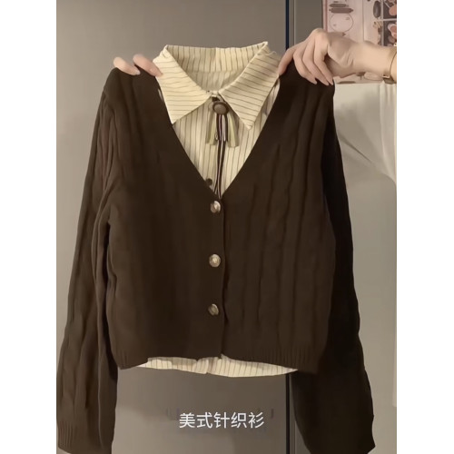 美拉德棕色麻花假兩件毛衣女秋冬復古慵懶學院風針織開衫外套上衣