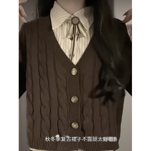 美拉德棕色麻花假兩件毛衣女秋冬復古慵懶學院風針織開衫外套上衣