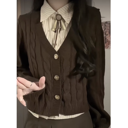 美拉德棕色麻花假兩件毛衣女秋冬復古慵懶學院風針織開衫外套上衣