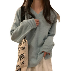 V領毛衣女寬松上衣秋冬新款溫柔復古韓版慵懶風打底針織衫加絨厚