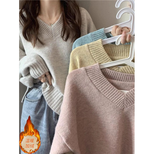 V領毛衣女寬松上衣秋冬新款溫柔復古韓版慵懶風打底針織衫加絨厚